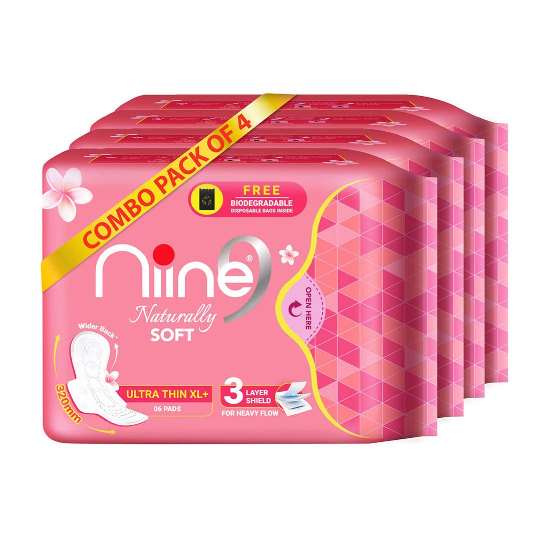 NIINE Naturally Soft Ultra Thin XL+ Sanitary Napkins for Heavy Flow (Pack of 4) 24 Pads with Free Biodegradable Disposal Bags (B08CFNR3F6) Amazon Price History, Amazon Price Tracker