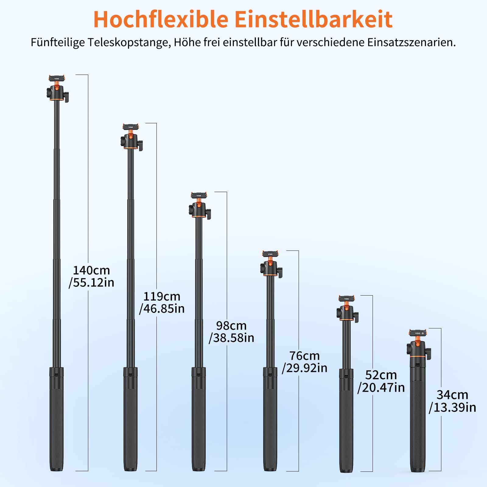 VRIG 140 cm Action Kamera Selfie Stick Stativ für DJI Osmo Nano/Action 6, Zweiwege-Magnetanziehung Schnellwechselhalterung, Ausziehbare Stange, Länge 33 bis 140 Zentimeter, AC-71