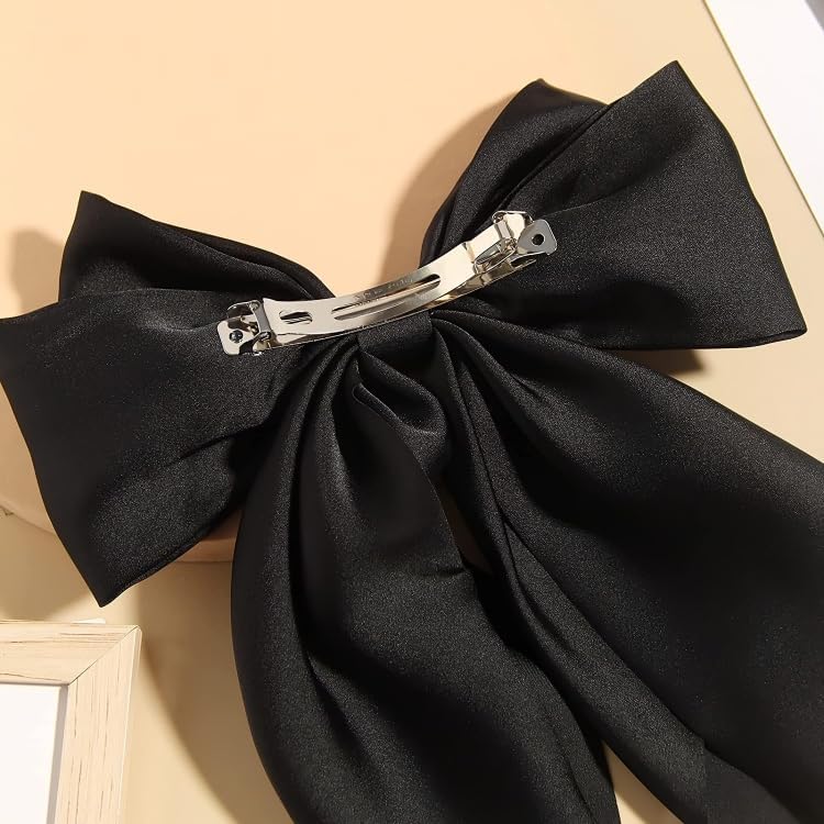Image of FilterFashion Big Satin Layered Hair Bows for Women Girls 11.5 Inch Barrette Hair Clip Long Back Ribbon Bows French Style Hair Accessories (Black,Gold)
