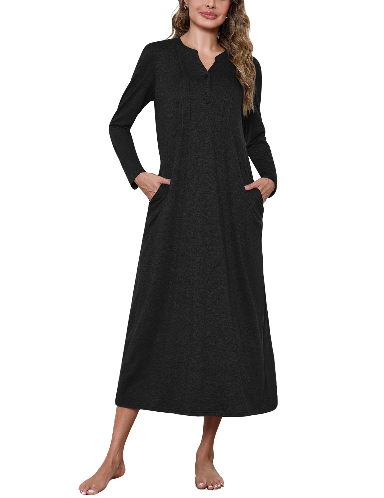 Photo 1 of Marvmys Womens Long Sleeve Cotton Nightgowns Long Sleep Shirts Henley Night Shirts Full Length Sleep Dress Black XXL