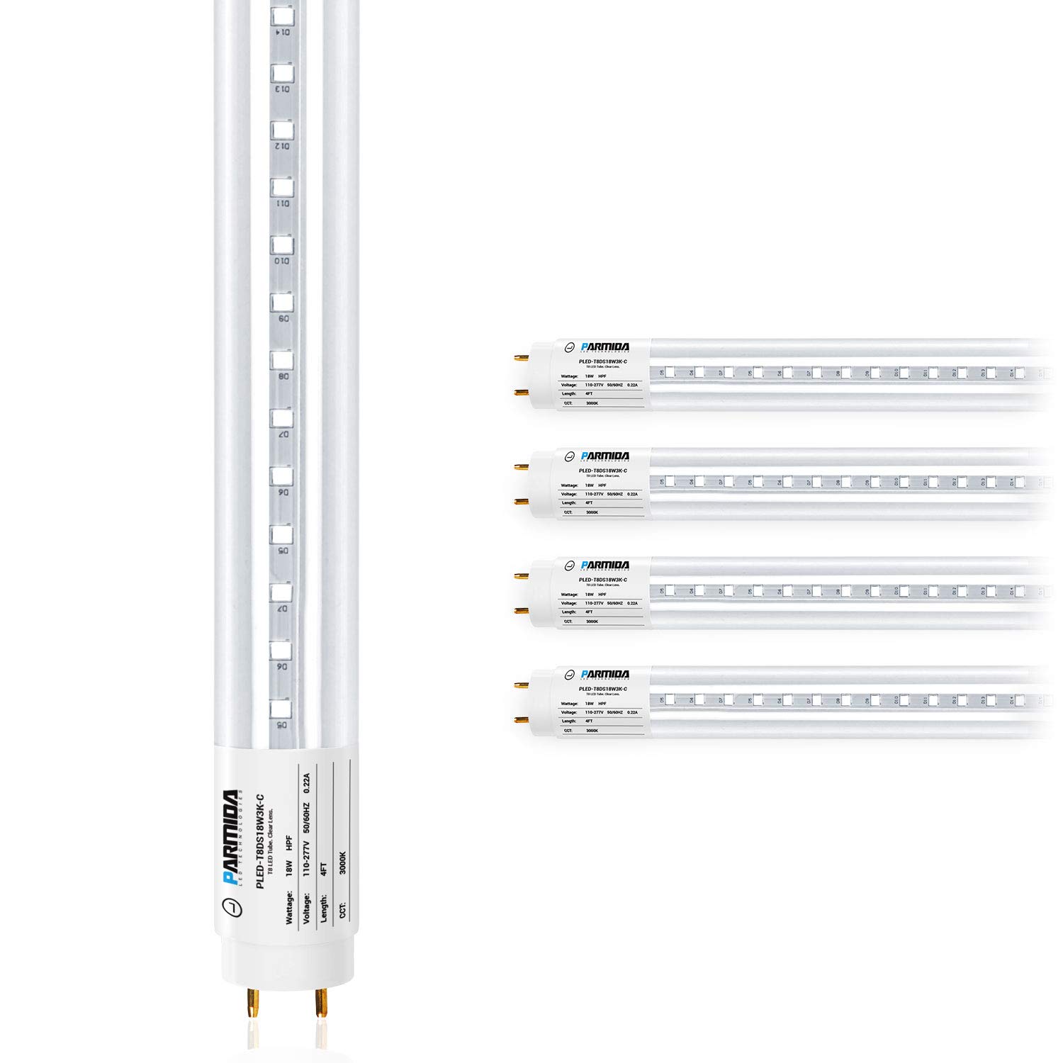 PARMIDA 4-Pack 4FT LED T8 Ballast Bypass Type B Light Tube, 18W, UL-Listed for Single-Ended & Dual-Ended Connection, 4000K, 2200lm, Clear Lens, T8 T10 T12, UL & DLC