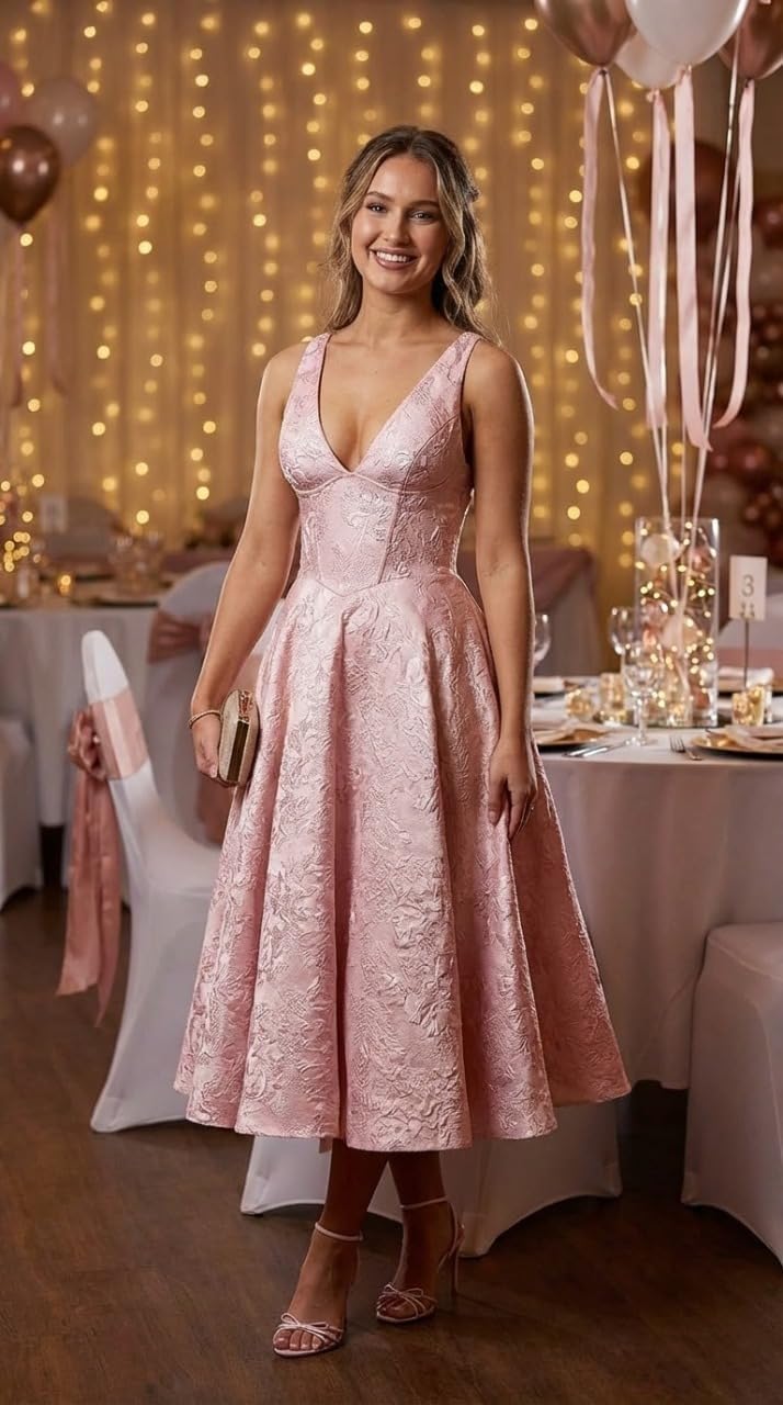 V Neck Tea Length Prom Dress for Women Satin Evening Party Gown A Line Cocktail Dress