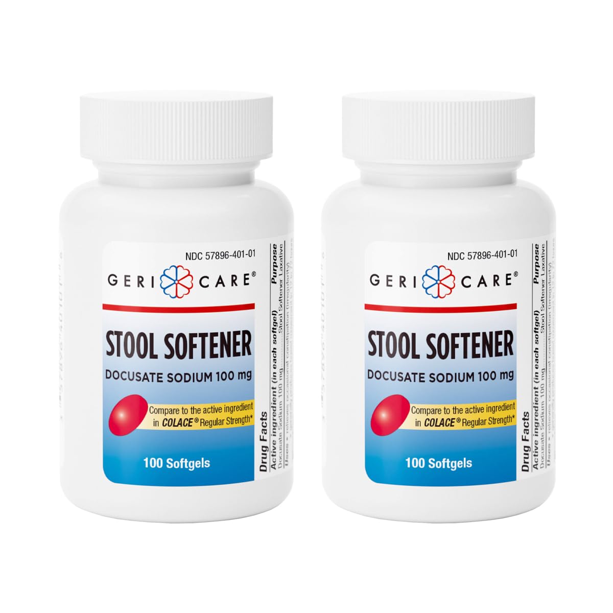 GeriCare Docusate Sodium Stool Softener - 100mg Gentle Stimulant Laxative Softgels for Men &amp; Women- Constipation Relief - Adults Daily Bowel Movement Laxative (Pack of 2)