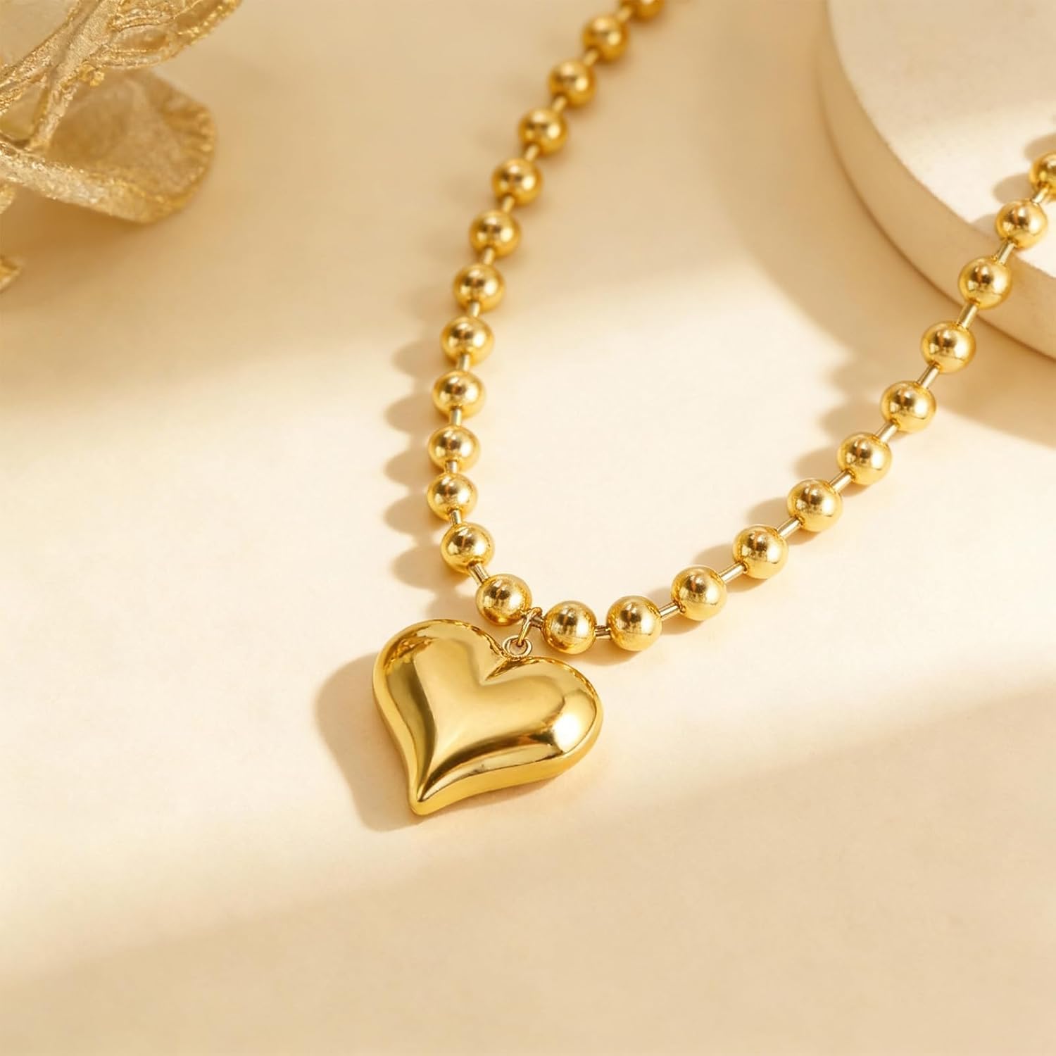 Long tiantian Chunky Gold Necklace with Heart Star Pendant Puffy Charm Necklace for Women Chunky Beaded Chain Trendy Jewelry - Image 5