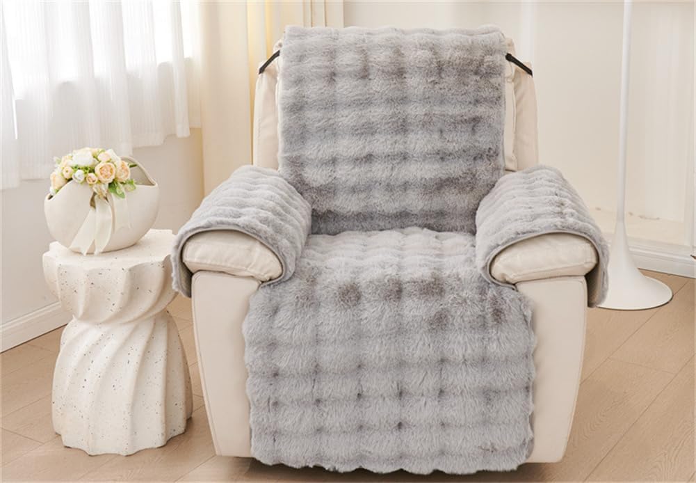 plush recliner slipcover home faux fur fluffy recliner chair slipcover non slip back fuzzy fluffy reclining couch cover soft comfort sofa slipcover washable furniture protector (light gray)