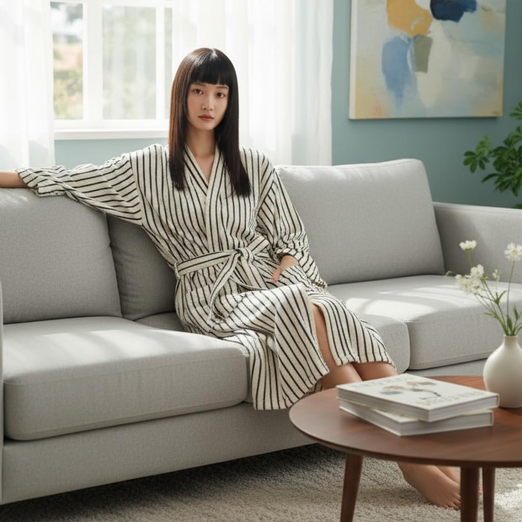 Cotton Terry Stripe Bathrobe For Women And Men,Luxury Kimono Soft Terry Cloth Robe,Comfortable Loungewear Nightwear