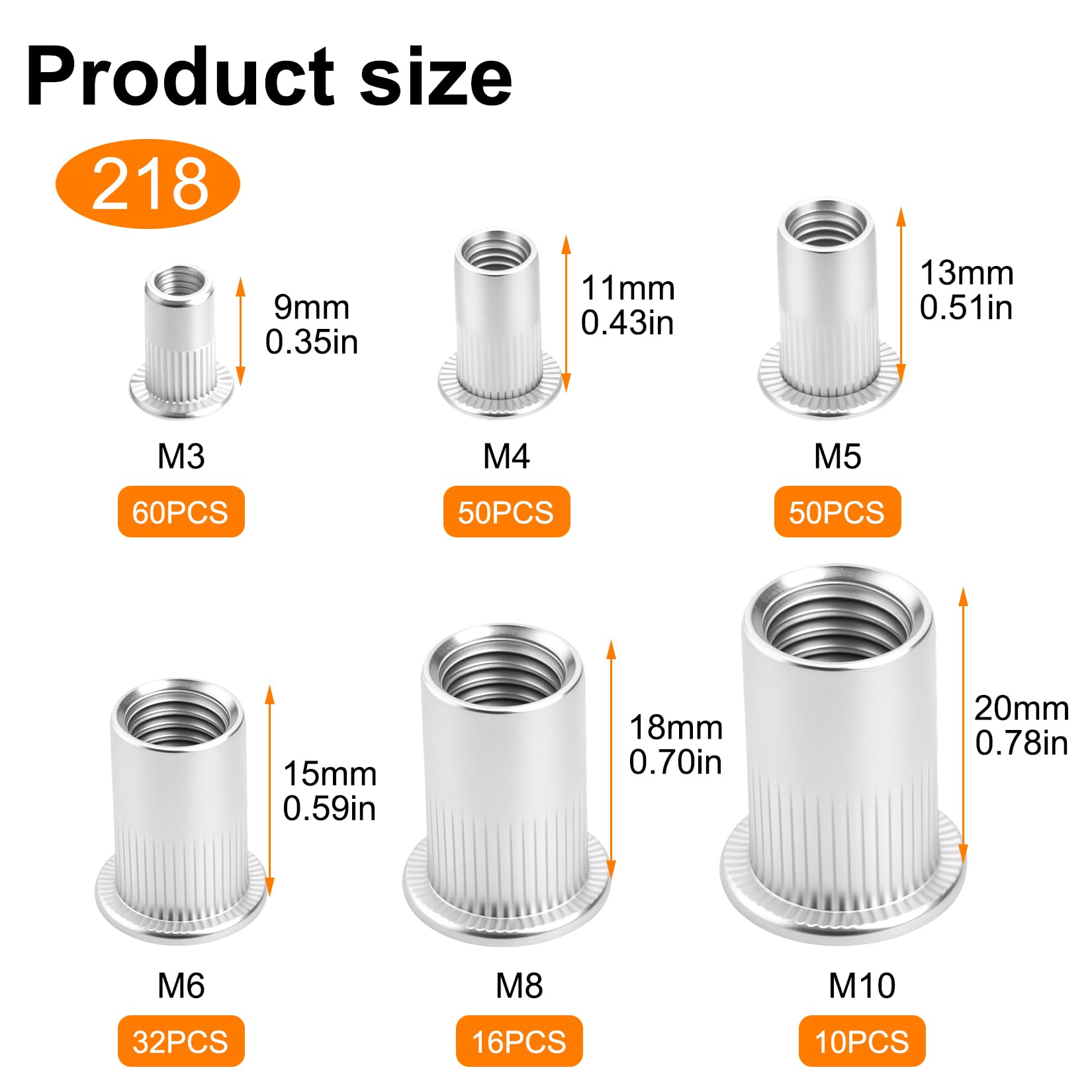 218 Pz Rivetti Filettati, Inserti Filettati Kit, Dadi a Rivetto, Inserto Filettato a testa piatta in acciaio inox, Boccole Filettate per Metallo lamiere e tubi metallici, M3 M4 M5 M6 M8 M10