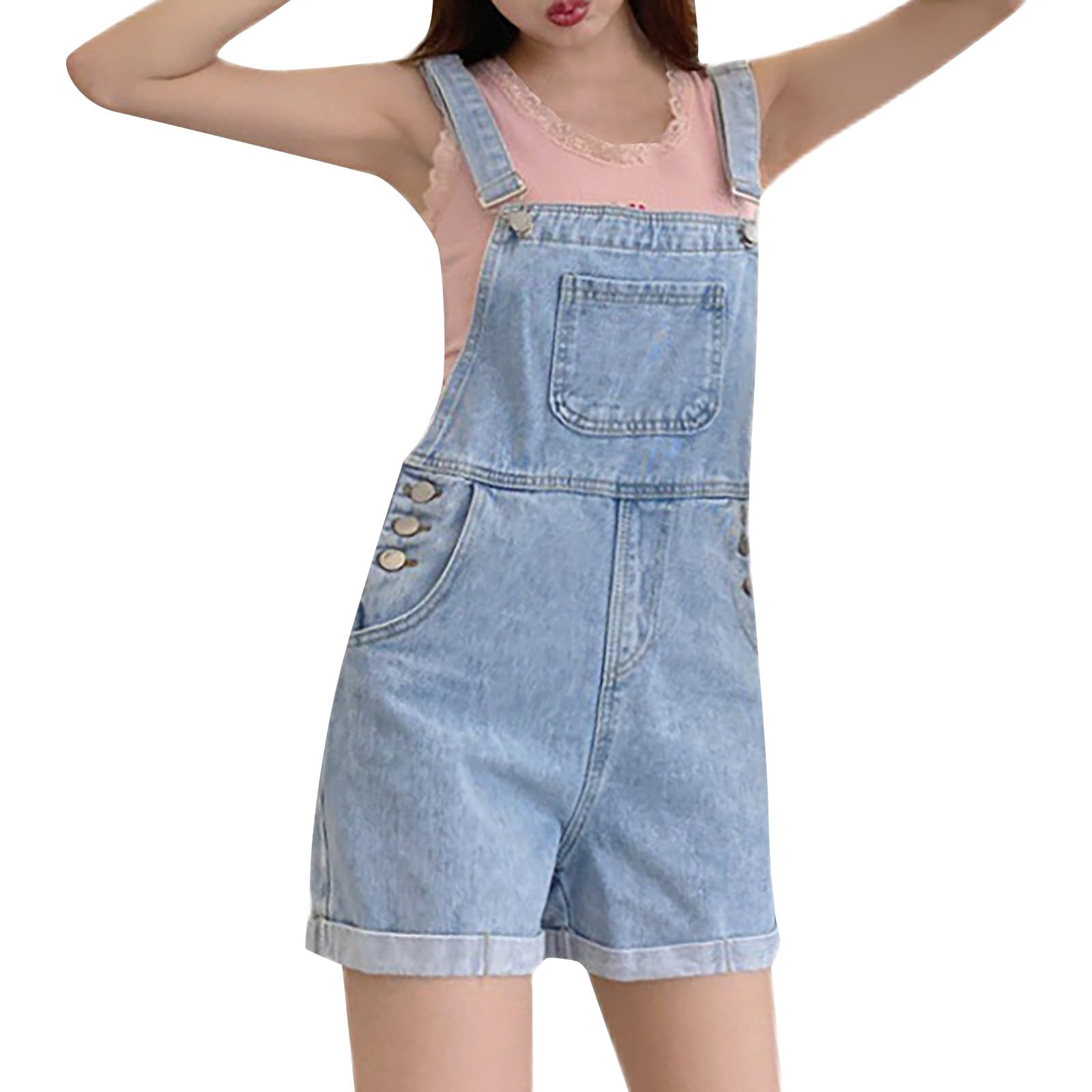 Dinnesis Peto corto para mujer, con botones, aspecto vaquero, mono de playa, pantalones de peto Y2K holgados, con tirantes ajustables, pantalones vaqueros para adolescentes, niñas, pantalones cortos de verano