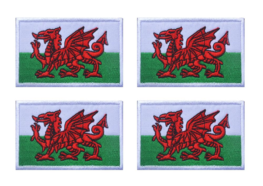 4 PCS United Kingdom British Union UK Wales Welsh Dragon Embroidered Tactical Emblem Patch for Clothing,Repair,Craft,Hat,PantsJacket,Jeans,T-Shirt,Jersey Iron On/Sew On Applique Patch
