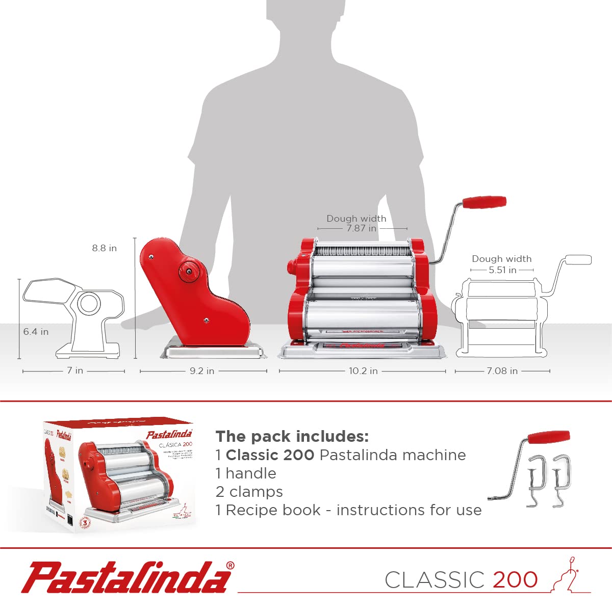PASTALINDA Classic 200 - Máquina para hacer pasta, rodillos de 20 cm, 9 posiciones de grosor, 2 posiciones de corte, acero inoxidable, manivela reforzada y abrazaderas (rojo)