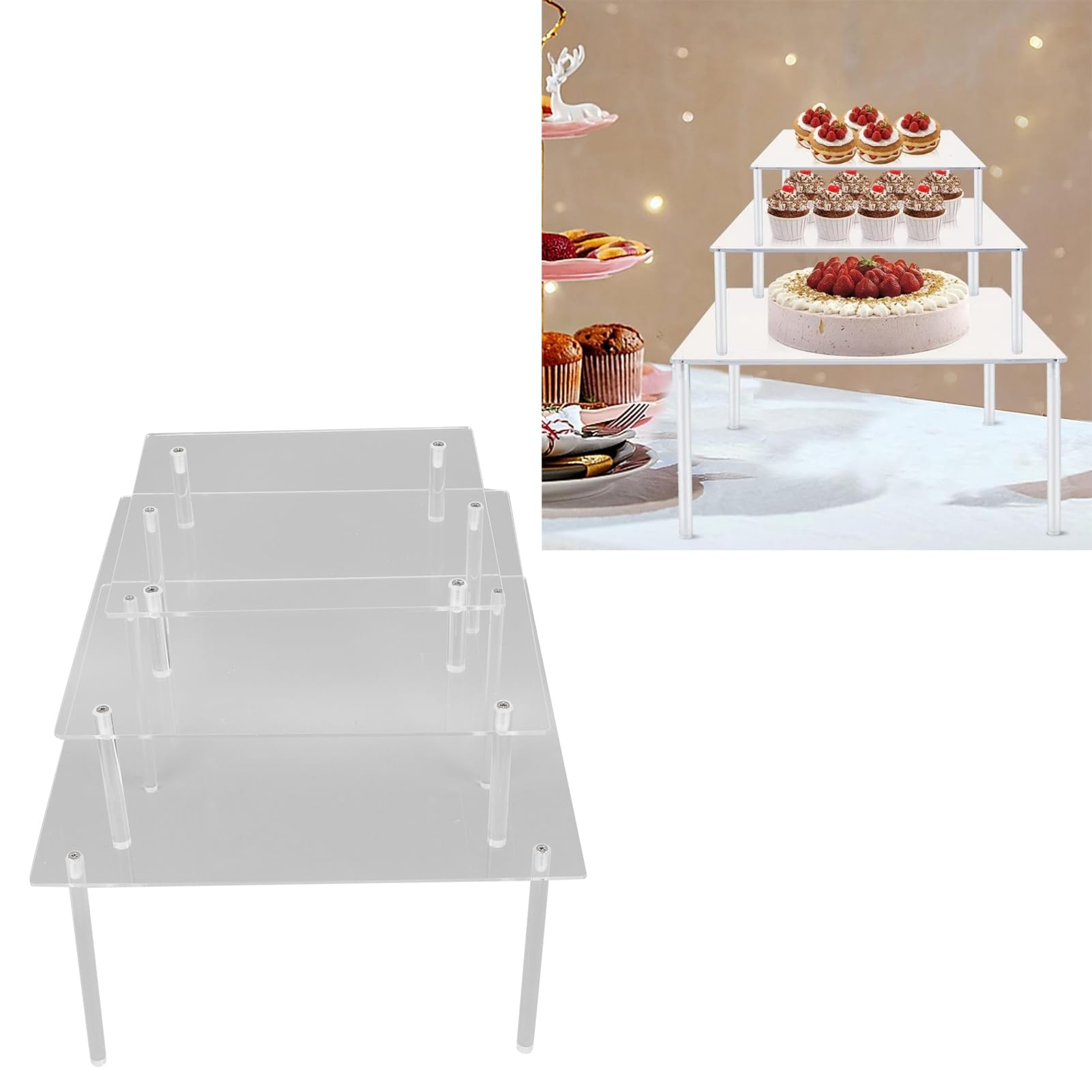 Soporte para Tartas Cuadrado de Acrílico, Juego de 3 Soportes para Tartas de Acrílico Transparente para Exhibición de Postres y Pizzas con 3 Tamaños Diferentes para Fiestas de