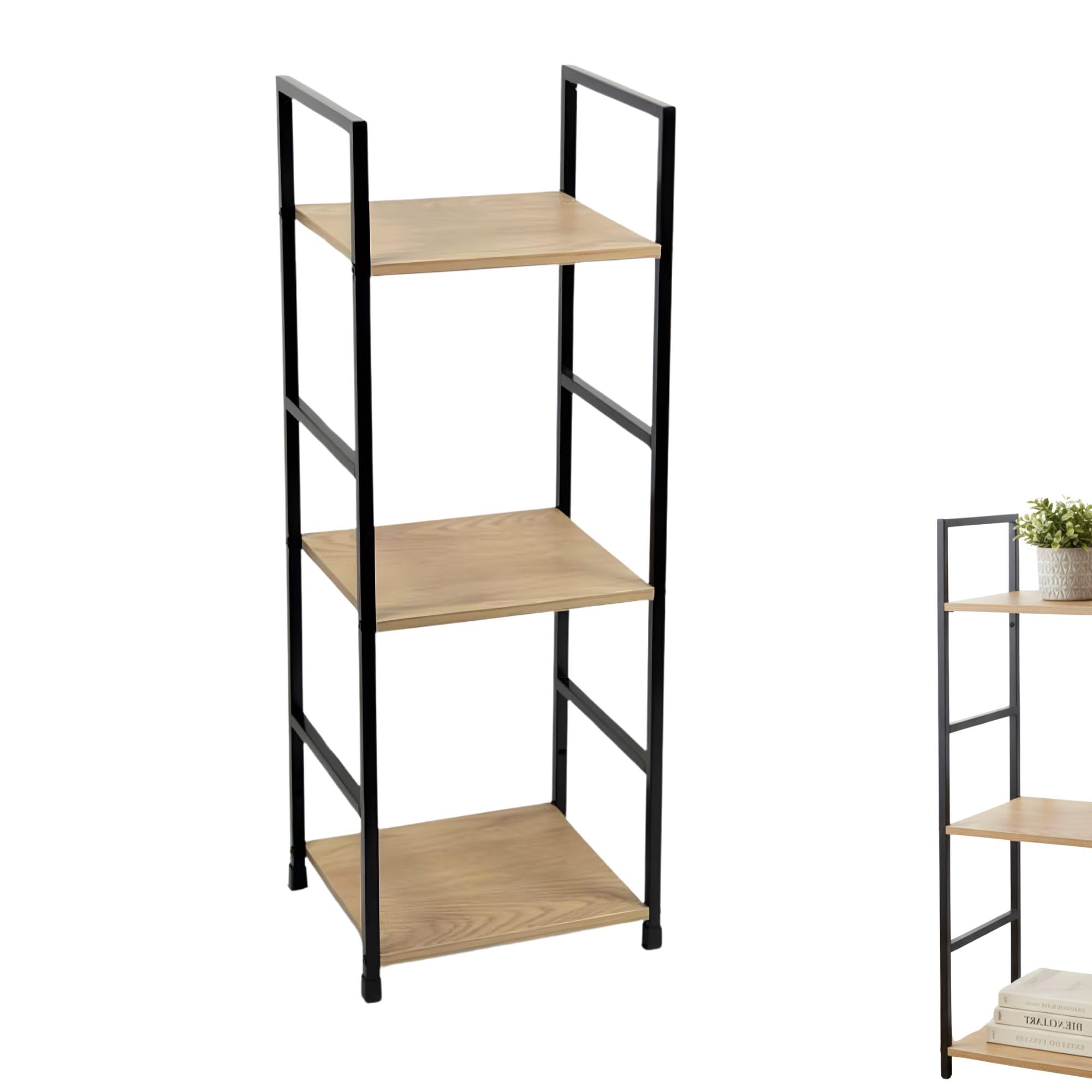 Scaffale Stretto a Colonna in Legno e Metallo, Libreria Verticale a 3 Ripiani, Mobiletto Bagno Salvaspazio per Cucina e Soggiorno, Design Industriale, 29x24x80cm