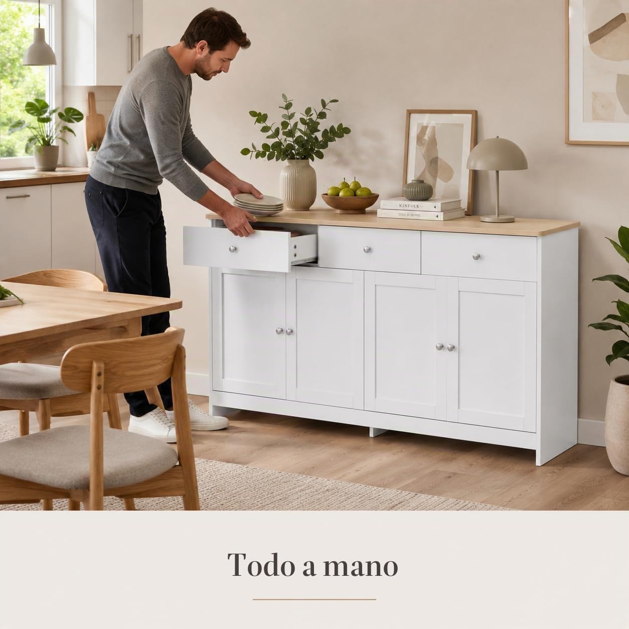 Aparadores para Salon, Aparador Blanco, Aparador Madera, Aparador Comedor, Alacena De Cocina, Armario Buffet con 3 Cajones Y 4 Puertas, Aparadores para Salón Entrada Comedor, 160 x 37 x 75 cm
