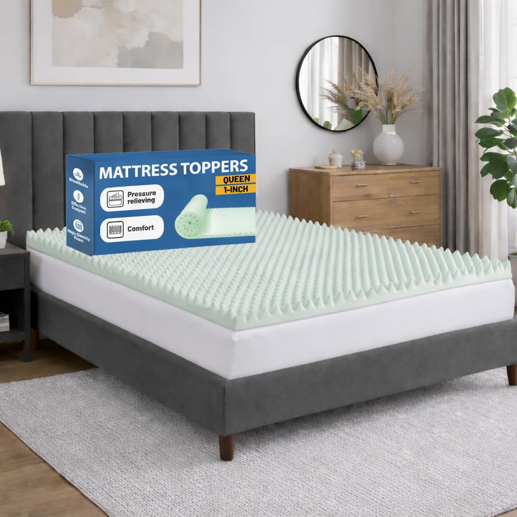 Greaton, 1-Inch Convoluted High Density Foam Mattress Topper, CertiPUR-US Certified for Superior Comfort and Support, Queen, Green