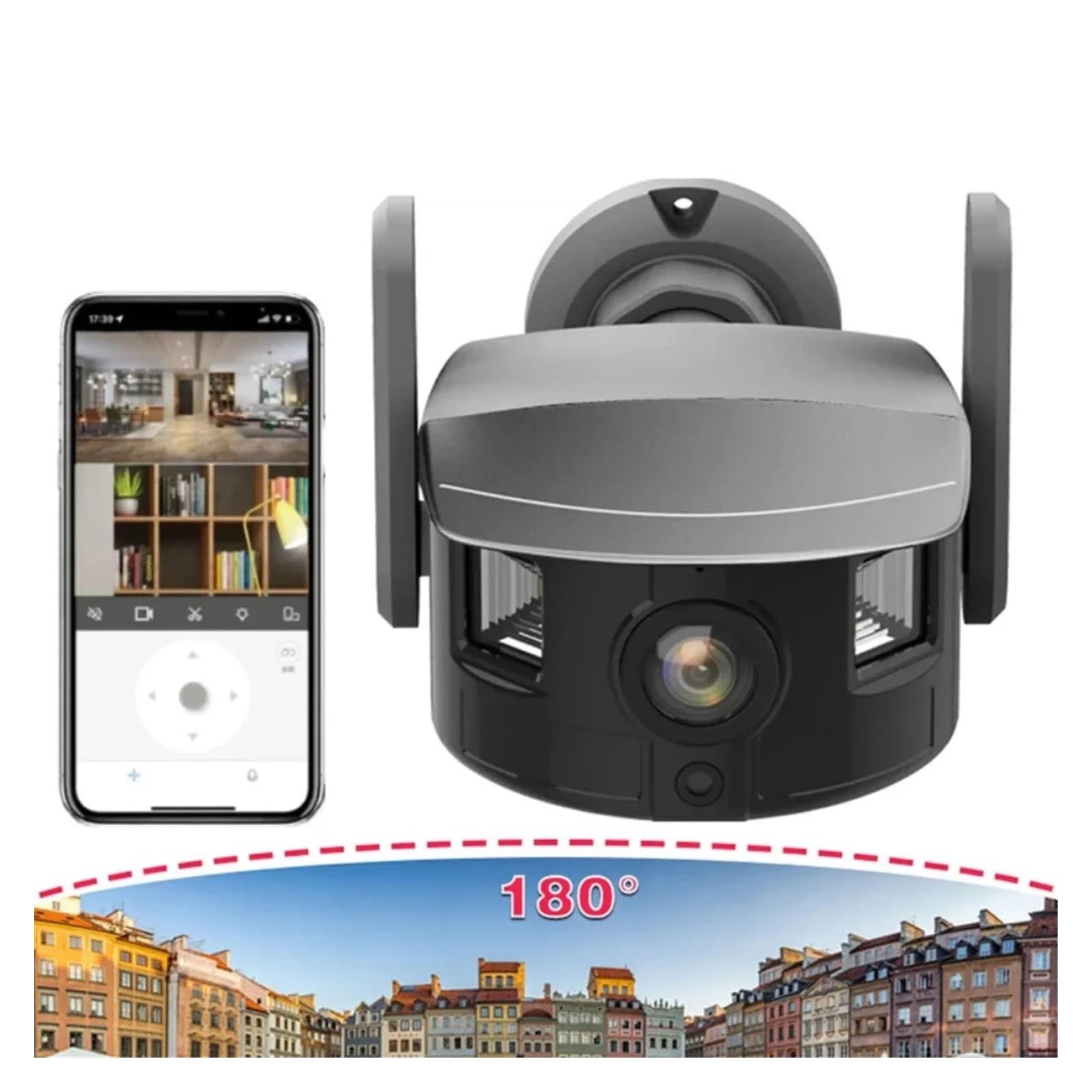 Telecamera di sicurezza esterna Telecamera 4K 5MP Uscita doppio schermo grandangolare da 180°, esterna impermeabile IP67 Controllo PTZ APP di tracciamento AI Avviso automatico(5MP Add 64GB Card)