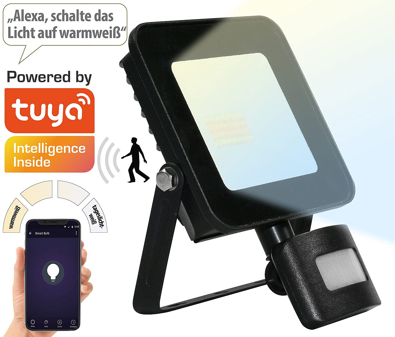 Luminea Home Control proiettore CCT: Set da 4 WLAN-LED-Floodlight, CCT-LED, sensore di movimento PIR (proiettore da interno, faretto WLAN)