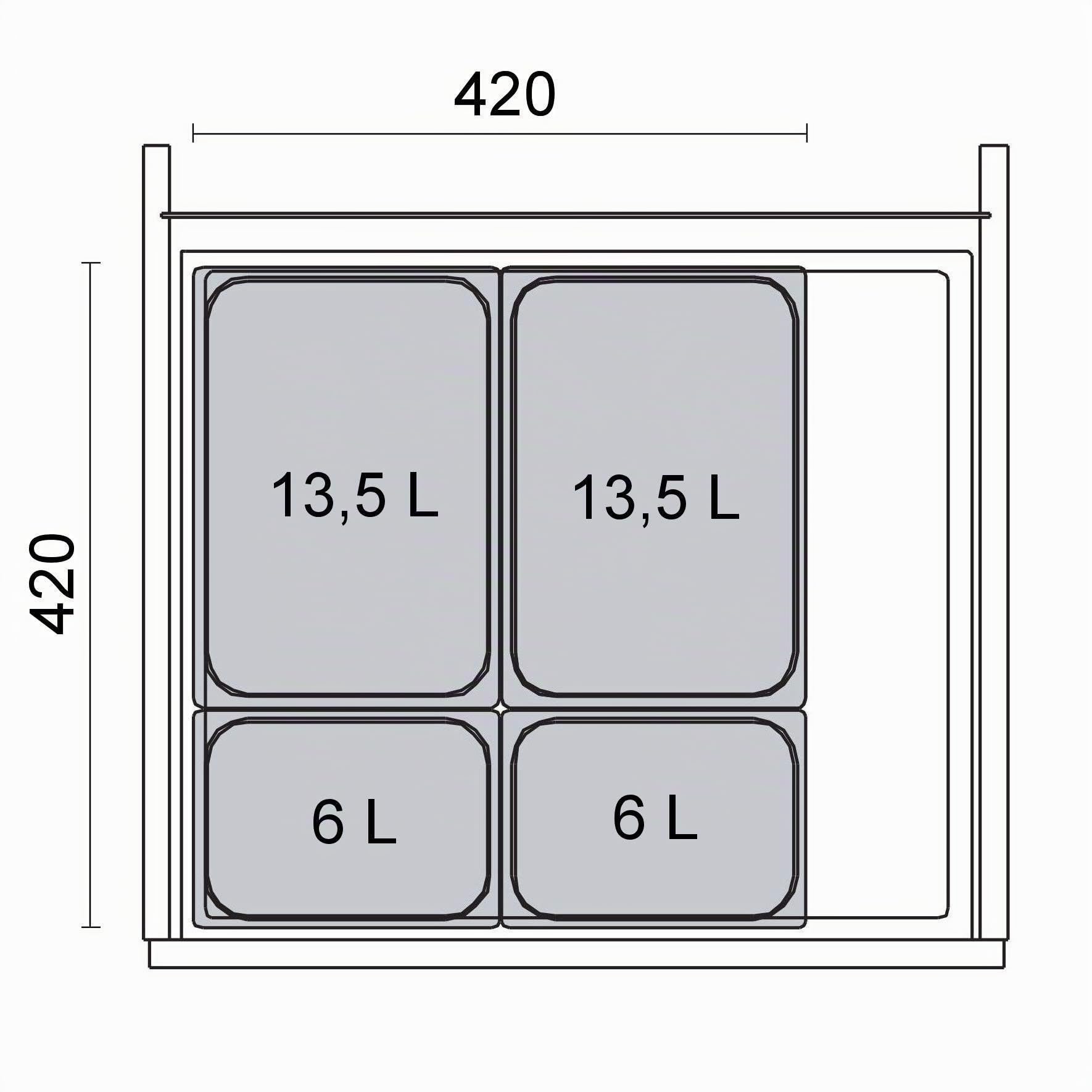Ninka Abfalltrennsystem eins2vier KB 600 mm, Seitenstärke 16 mm Höhe 275mm | 2x 6L, 2x 13,5L, 1x 60er Bodenplatte, 1x 60er Deckelplatte, 2x Führungsleiste dunkelgrau für Tandembox von SOTECH