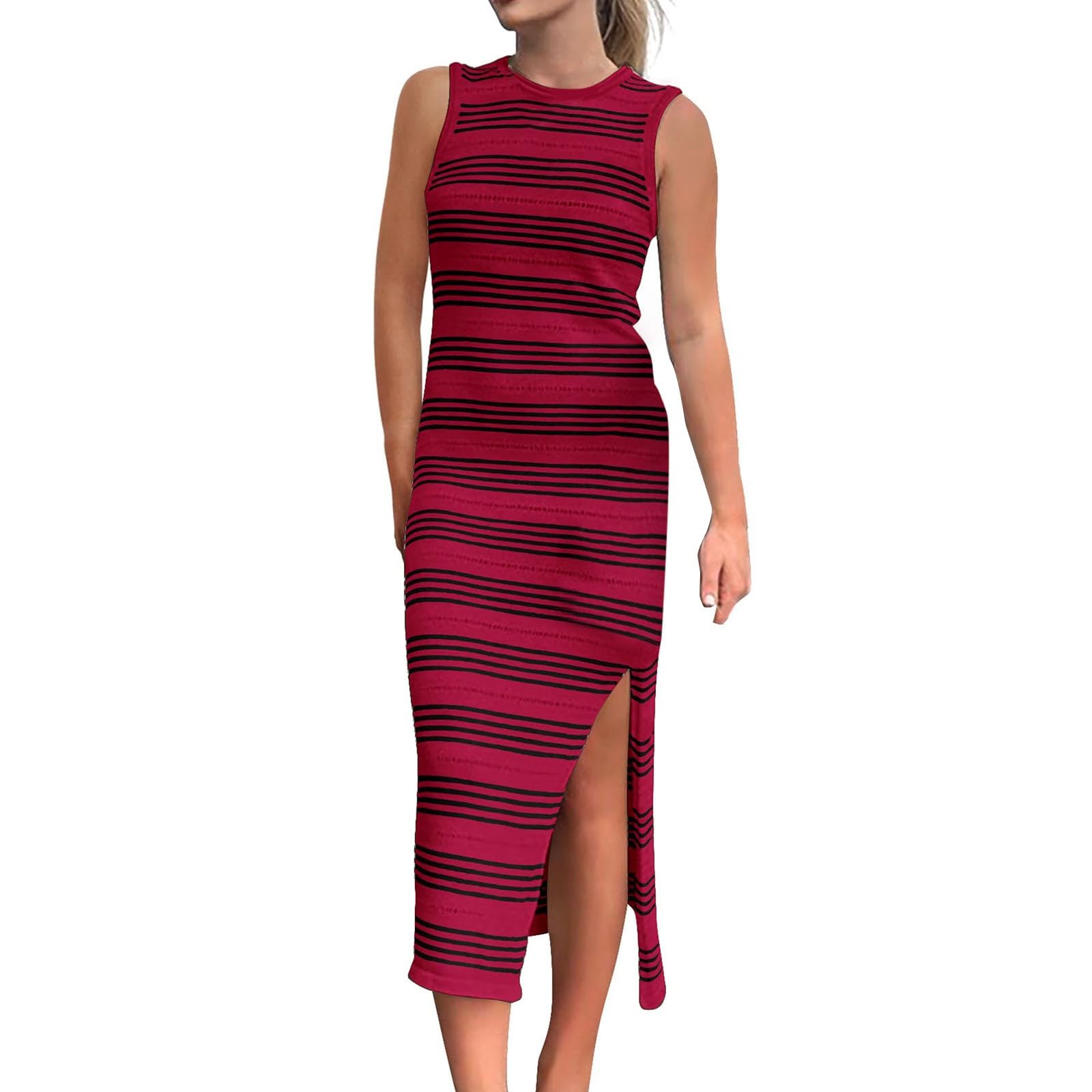 WERVOT Vestido de verano para mujer, ajustado, informal, midi sin mangas, hueco de punto, con abertura lateral, a rayas, vestido largo sin mangas, elegante