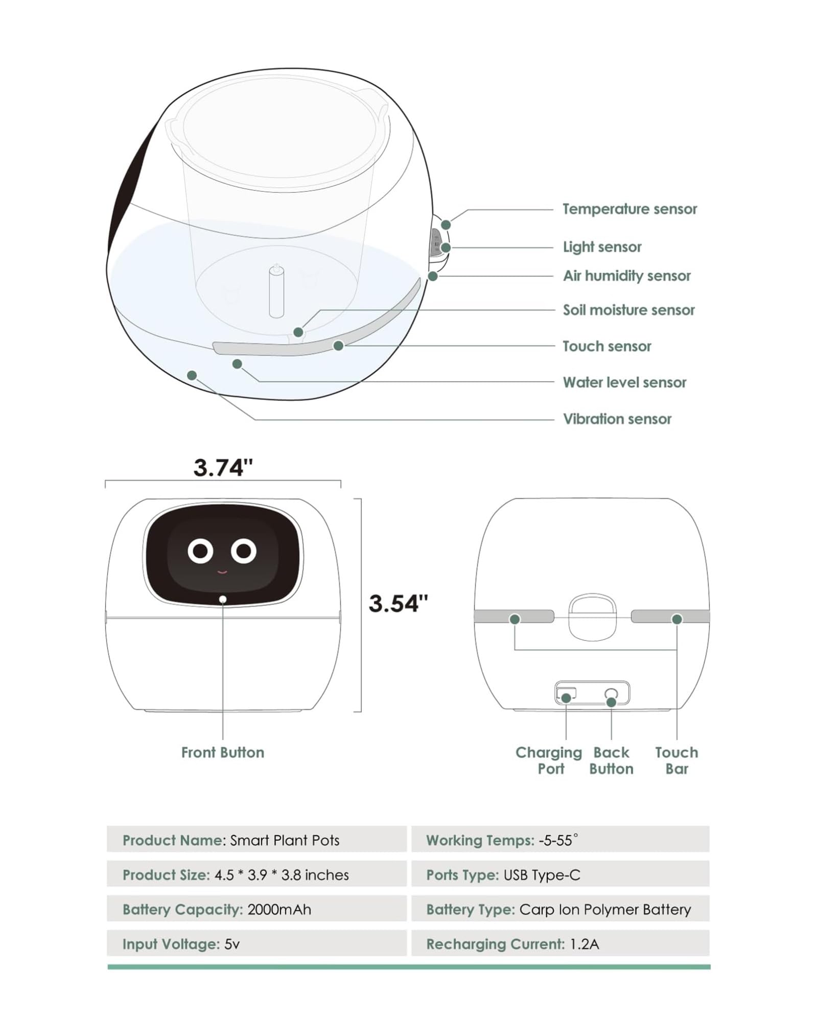 Vaso per piante intelligente con 49 espressioni, 7 sensori, display LCD, controllo app, fioriera intelligente con chip AI per visualizzazione ora, data, meteo