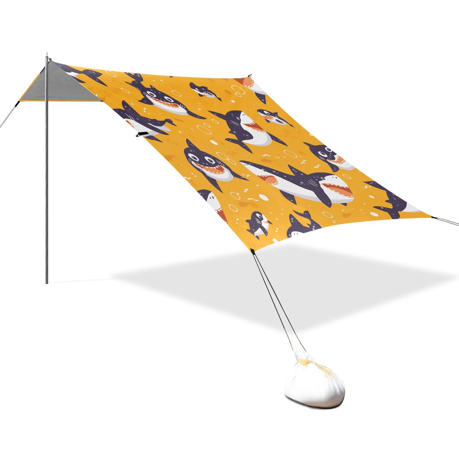 Funny Seamless Shark Saffron Beach Tent UPF50+ Protection Easy Setup Large Sun Shelter with Sand Shovel for Family Trips, Picnics & Camping