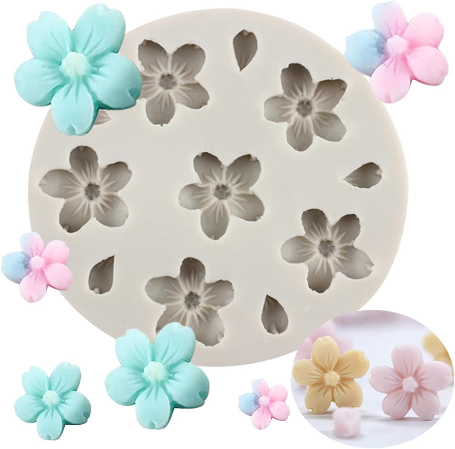 Skyatil 11 Cavity Flower and Leaf Fondant Molds Plum Cherry Blossom Fondant Mould Cake Decorating Silicone Mold for Cupcake Topper Candy Chocolate Gum Paste Polymer Clay Set of 1