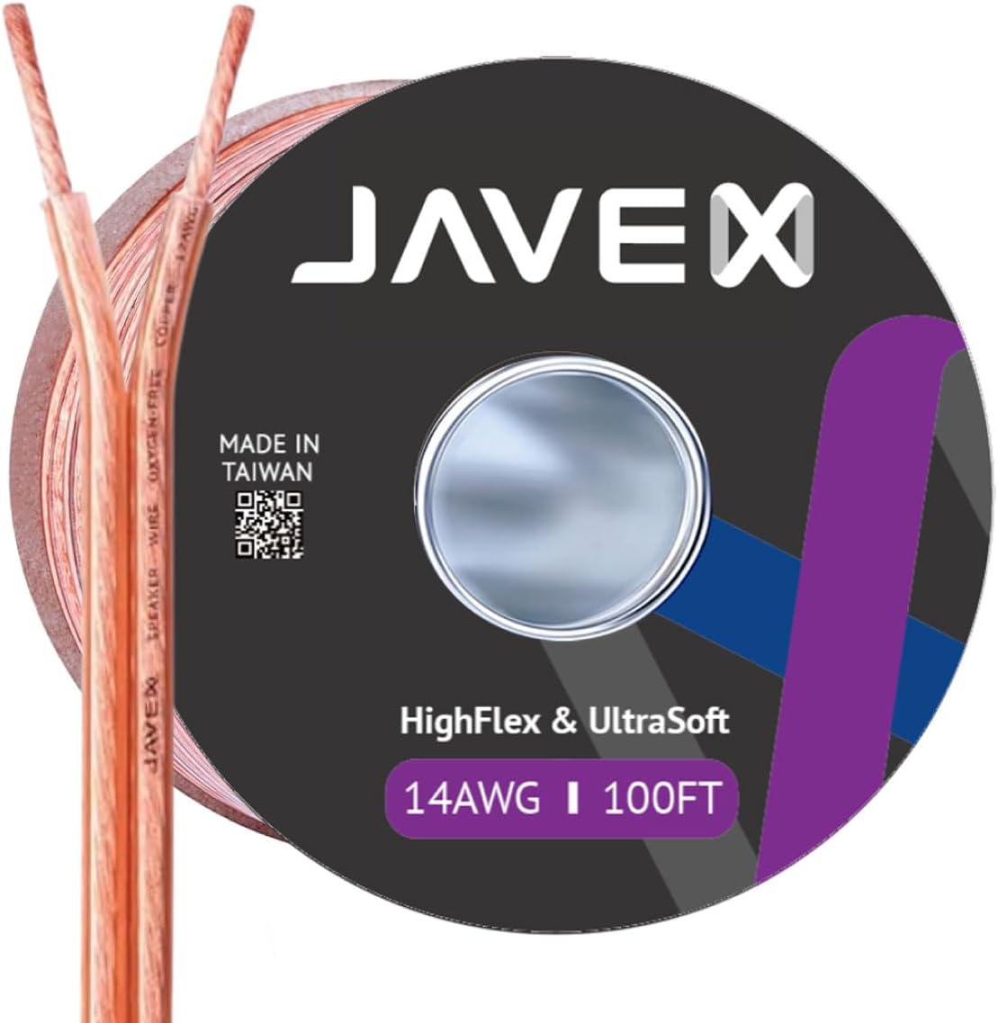 JAVEX 14-Gauge AWG Audio Speaker Wire Cable (100 FT), [OFC Oxygen-Free Copper] Thin Flat Cable for Automotive Car Stereo Audio, HI-FI Stereo, Home Theater