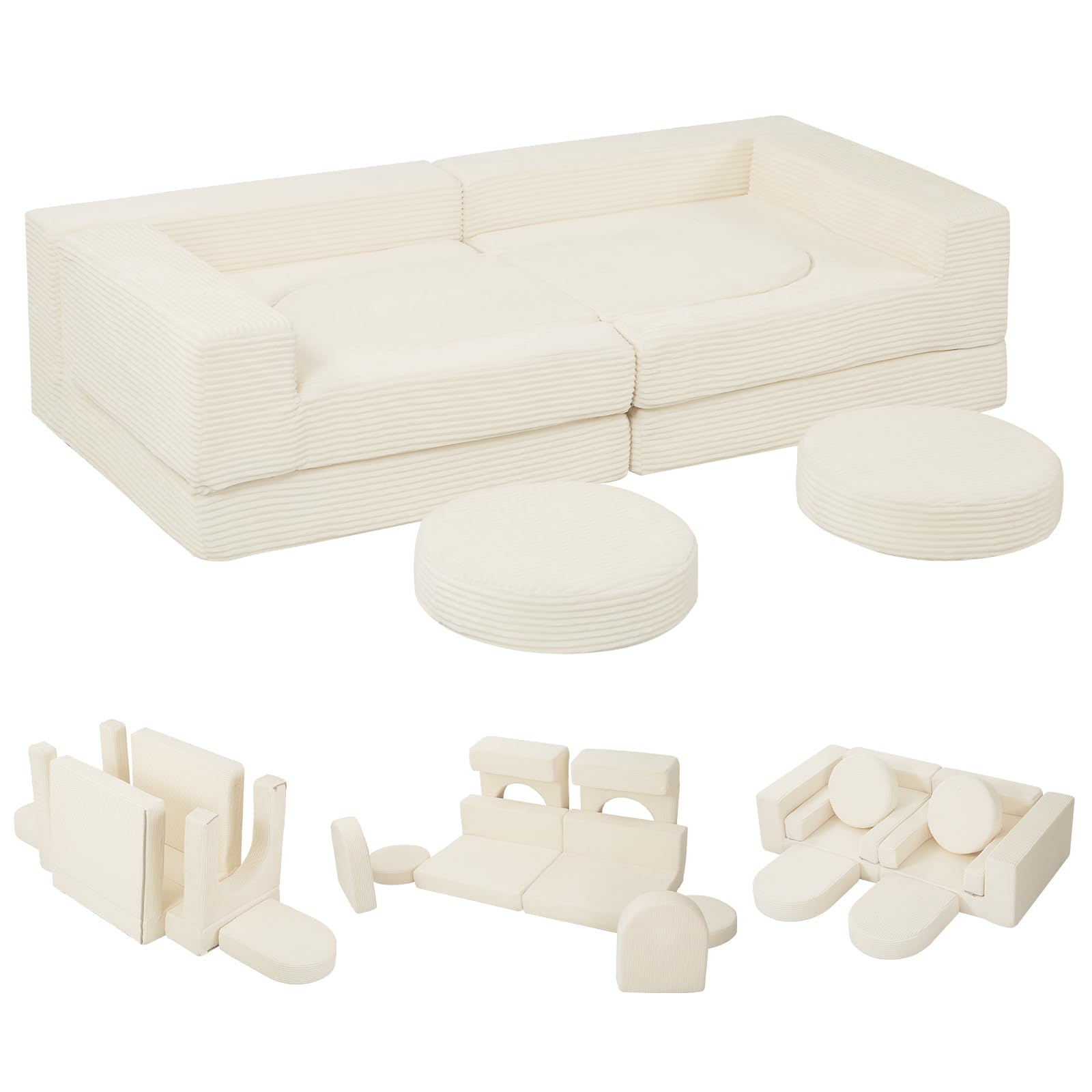 MeMoreCool Modulsofa 8-teilig Cord – Weiche Schaumstoff-Sitzlandschaft für Kinderzimmer & Wohnzimmer Flexibel anpassbar | Waschbare Bezüge | Kindersicheres Lounge-Sofa für Spielen & Entspannen, Beige