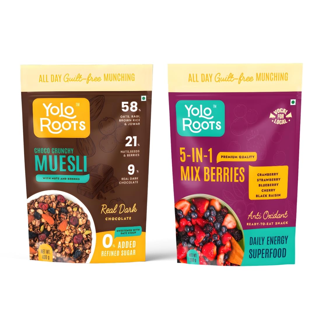 Yolo Roots Choco Crunchy Muesli 400g & 5 in 1 Mix Berries 200g Combo, No Added Sugar, High Fiber Breakfast Cereal & Antioxidant Rich Dry Fruits, Healthy Snack with Oats, Nuts & Seeds, Energy Food (Pack of 2)