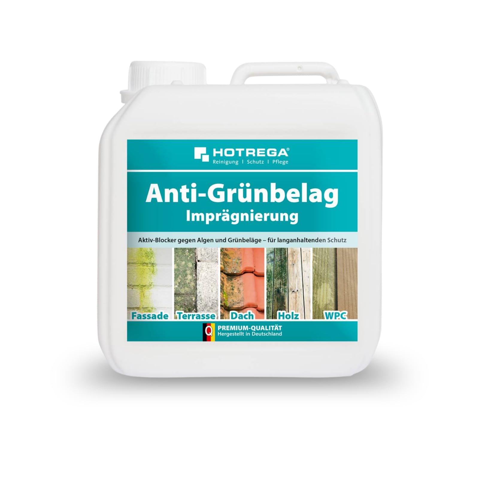 HOTREGA Anti-Grünbelag Imprägnierung 2 L | Schutz gegen Algen, Moos & Pilze | Gebrauchsfertig für Holz, Stein, Beton & WPC | Beugt Neubefall vor | Lösemittelfreier Langzeitschutz für Außenflächen