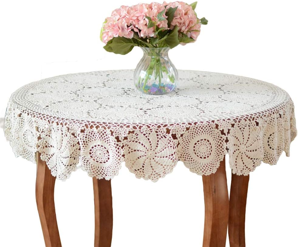 YIZUNNU Round Handmade Crochet Tablecloth Cotton Lace Table Doilies (43", White)