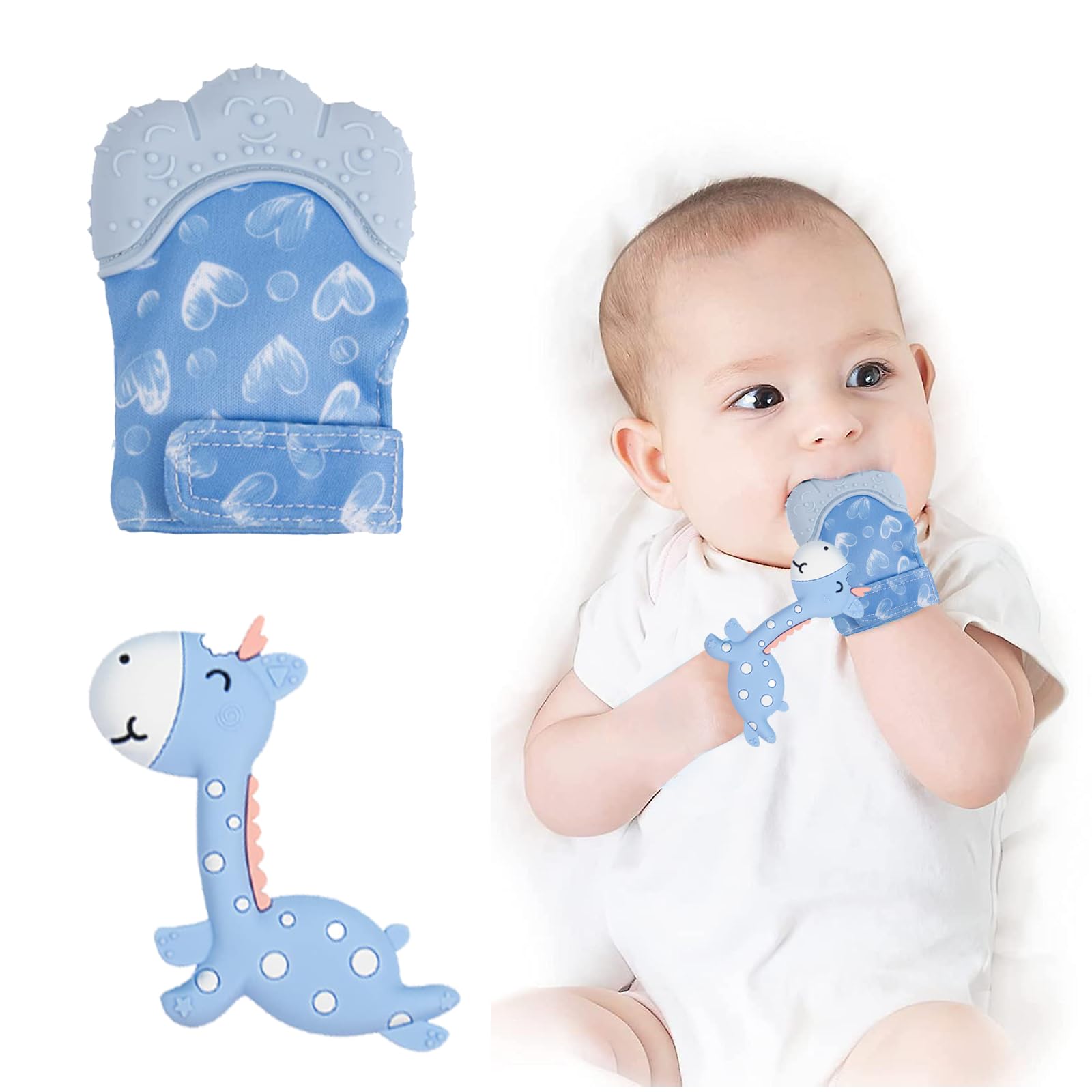Roontin Baby Teething Set - 2 Pack Teething Mitten & Giraffe Teething Toy for Soothing Pain Relief - Blue