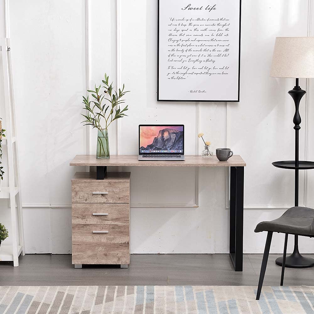BAKAJI Scrivania con Cassettiera 3 Cassetti Tavolo da Lavoro Porta Pc Computer in Legno con Struttura in Acciaio Design Moderno 120 x 50 x 75 cm Arredamento Casa Ufficio Cameretta (Quercia)