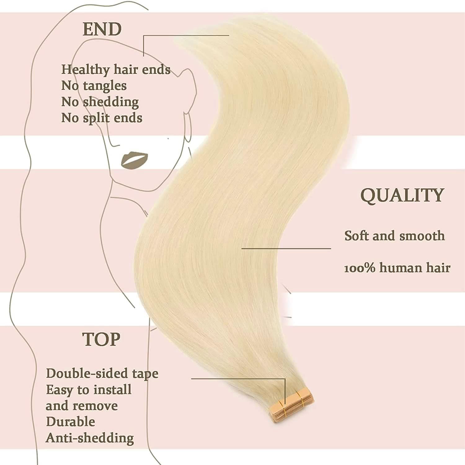 Hotlulana Extension Capelli Veri Biadesivo Biondo Platino(#60) Extension Capelli Veri 18Pollici 20pcs 45cm 40g Invisible Extension Biadesive Capelli Veri Remy Skin Weft Tape in Hair Extensions.