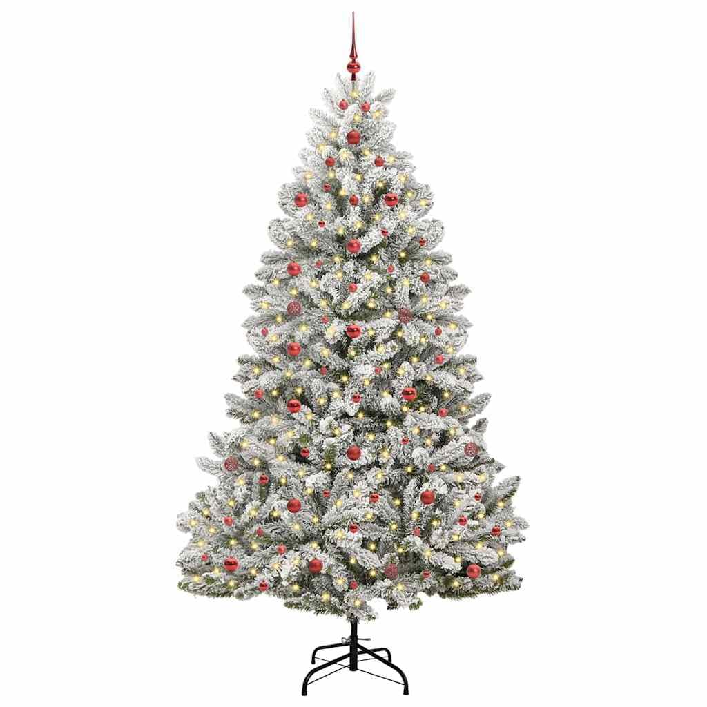 Sztuczna choinka, zielono-biała, 240 cm, metal PCW, zawiasy, realistyczne końcówki, paski LED, 8 trybów, do użytku wewnątrz i na zewnątrz, zestaw bombek choinkowych
