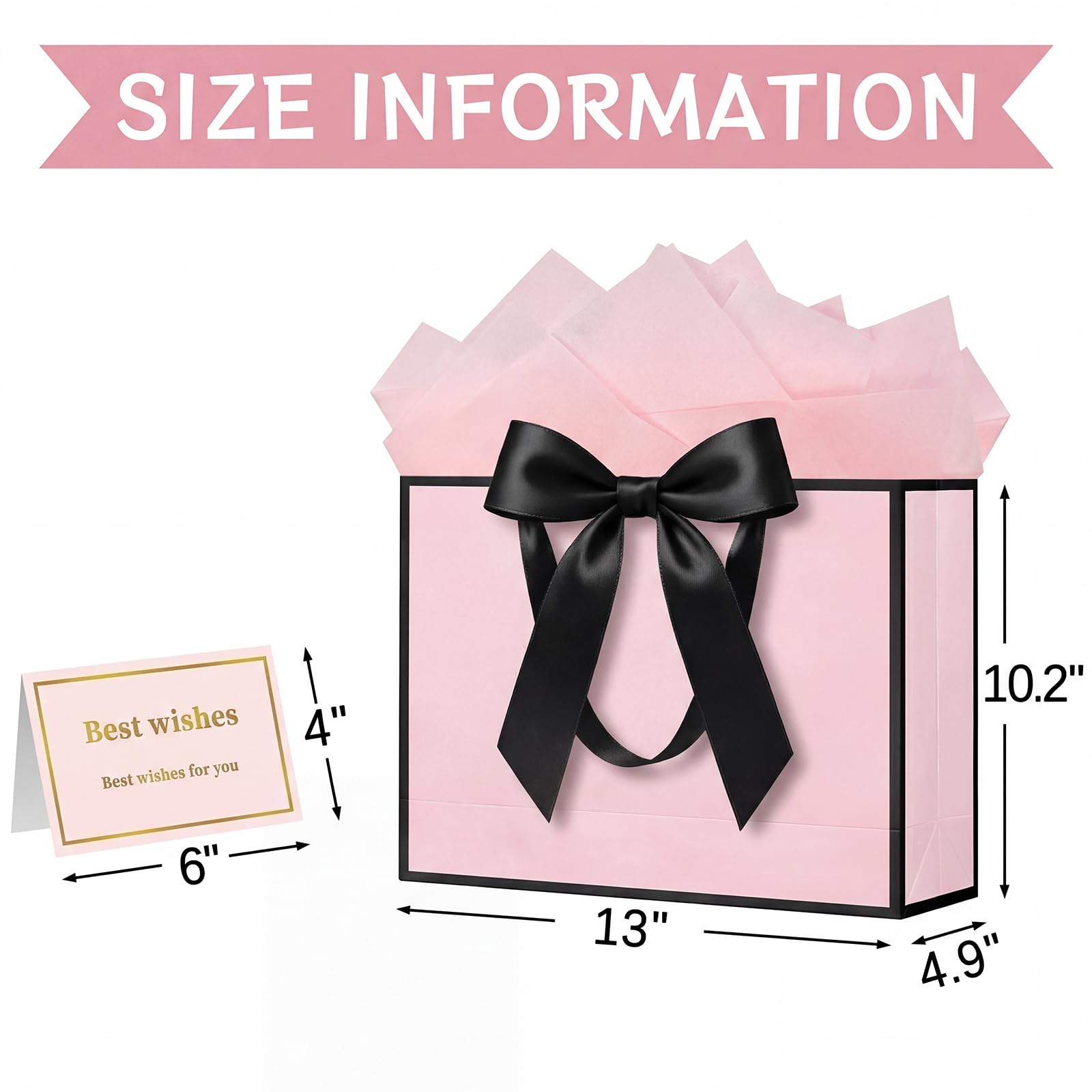Laidans 13" Gift Bag with Handles and Bow Ribbon, Large Gift Bag with 3 Tissue Paper and 1 Card for Birthdays, Baby Showers, Wedding, Bridal Showers, Mother's Day (Light Pink)