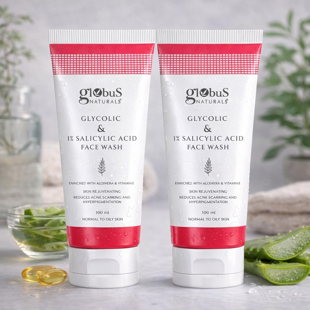 Globus Naturals Pimple Clear Glycolic & 1% Salicylic Acid Face Wash, For Acne & Oil Control, Enriched with Aloe vera & Vitamin E (100ml) (Pack Of 2)