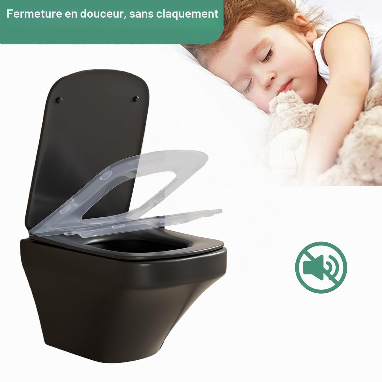 Abattant WC Rectangulaire, Cuvette Toilette avec Frein De Chute, Lunette WC Carré Noir, 350 X 450Mm, Matériau UF, Lunette WC, Démontage Rapide - Fixation par Le Haut
