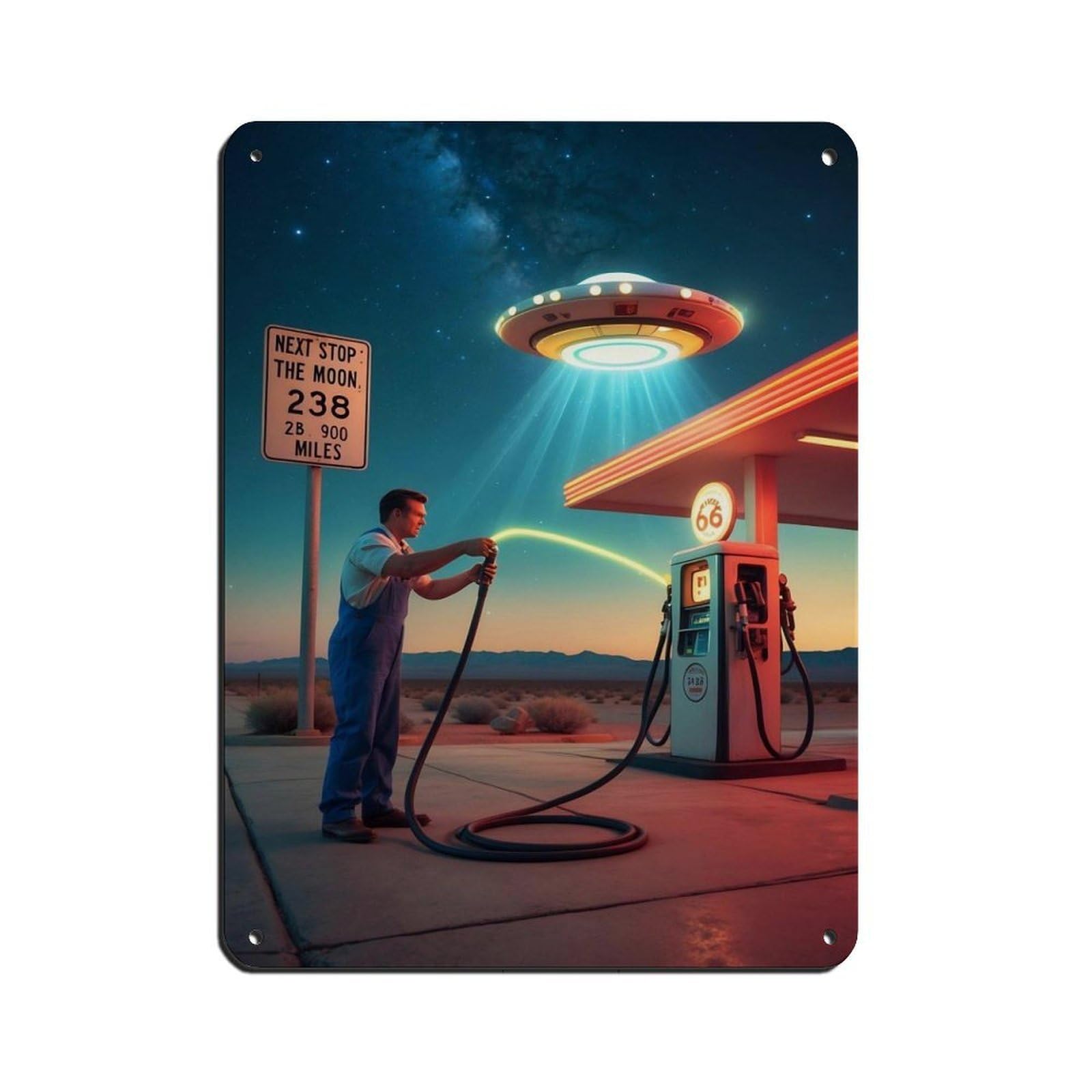 Retro Futuristic Gas Station Tin Sign Vintage Metal Pub Club Cafe Bar Home Wall Art Decoration Poster Retro 12x16inch(30x40cm)