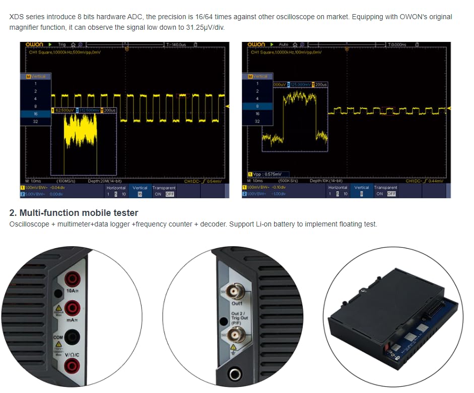 OWON XDS2102A 100MHz Digital Oscilloscope - 12 Bits, 20M High Resolution ADC