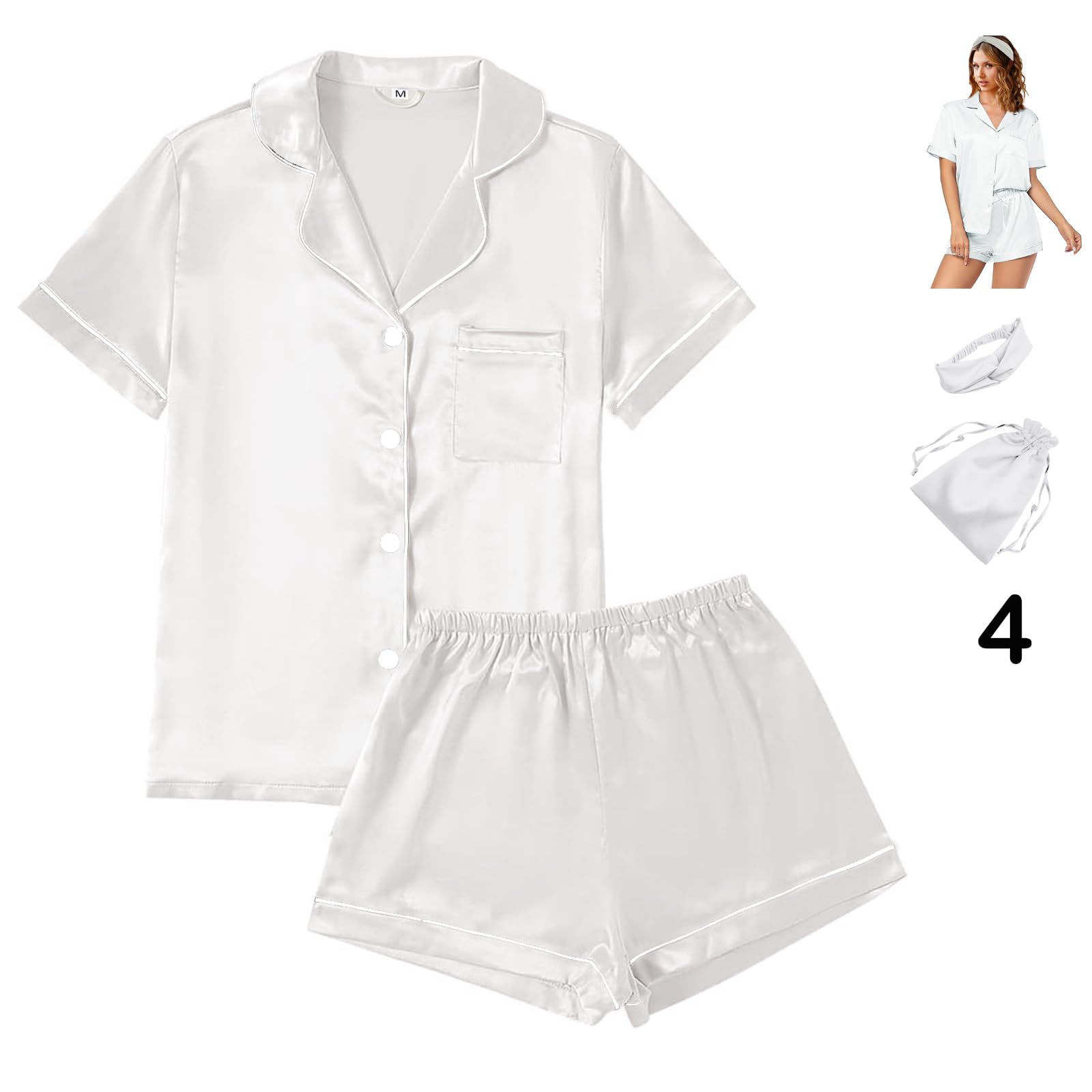 WJing Yi Jia 4Pcs Womens Satin Silky Pajama Sets Short Sleeve Shirt XS-4XL Floral Pajamas Set Soft PJ Loungewear Sleepwear: Small Light Grey-w