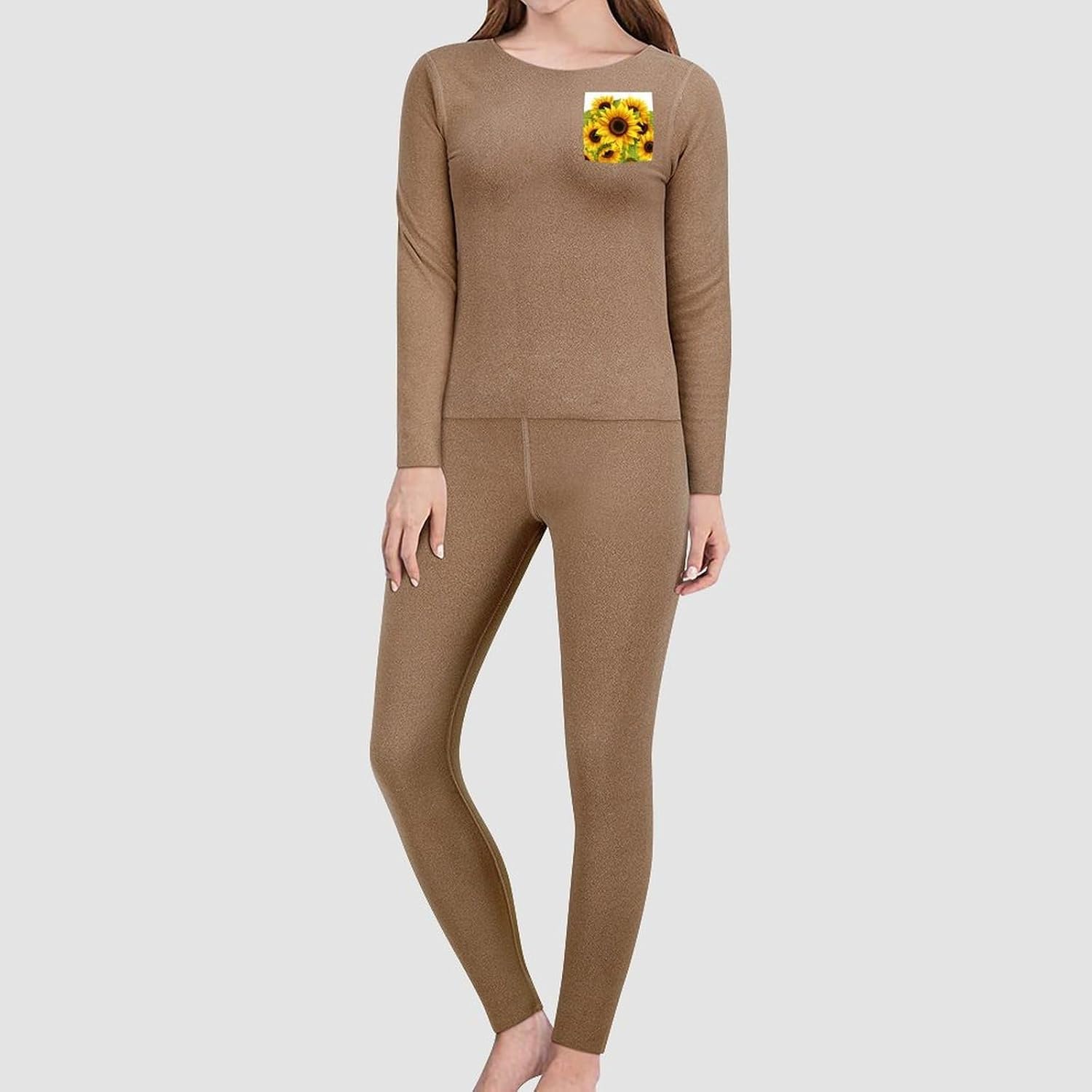 Women's Fleece Lined Thermal Set - Cold Weather Long Johns Ultra-Soft Sunflower Printed Base Layer