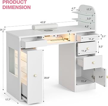Manicure Table for Nail Tech w/ LED Light, Professional Nail Tech Desk