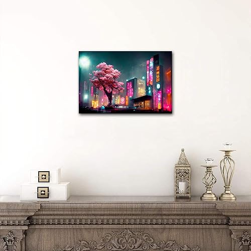 Miniatura 4 de Lienzo moderno para decoración de pared, 1 panel, impresiones artísticas de Cyberpunk con paisajes nocturnos ocupados, árboles rosados, impresiones