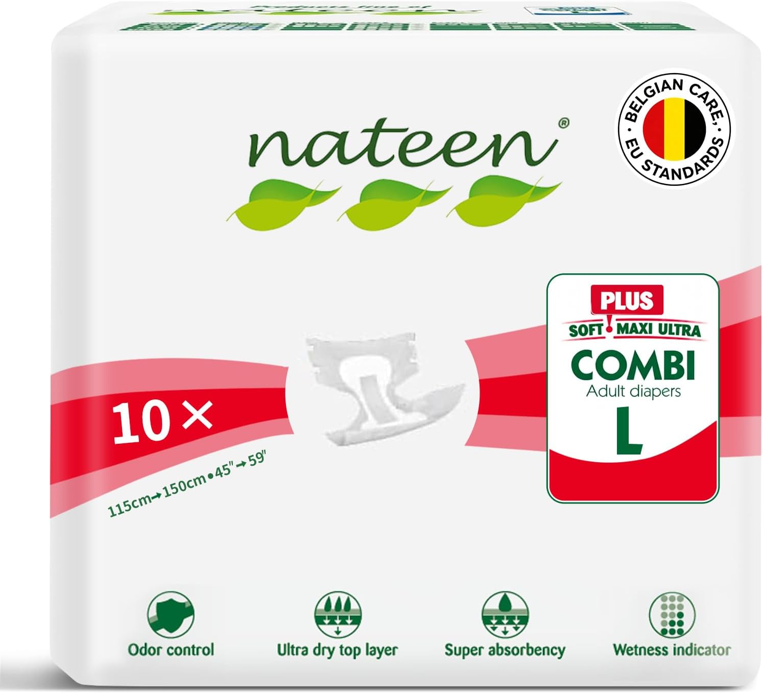 Nateen Combi Plus Incontinence Adult Diaper,Large,Waist Size 115-150cm,10 Count Adult Diapers,with Super Absorbent Layer, Leak Guard,Disposable Underwear for Men&Women,2850ml Absorbency.
