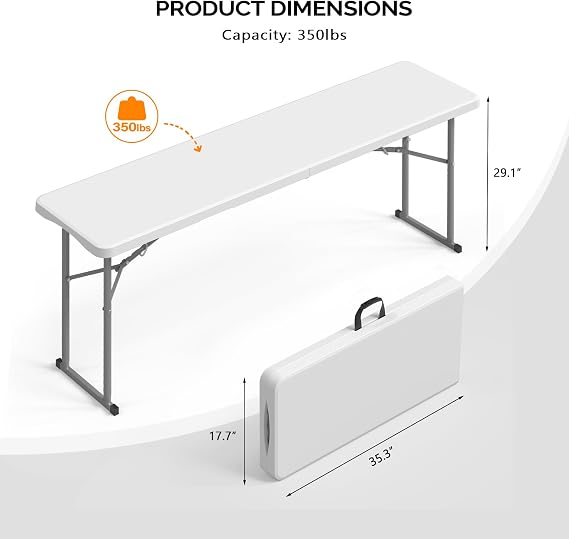 VINGLI 6 FT Narrow Folding Table, Tabletop Folded in Half, Premium Quality HDPE Material and Sturdy Metal Frame, Perfect for Buffet, Seminar, Party, Training, Home Work, White