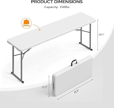 VINGLI 6 FT Narrow Folding Table, Tabletop Folded in Half, Premium Quality HDPE Material and Sturdy Metal Frame, Perfect for Buffet, Seminar, Party, Training, Home Work, White