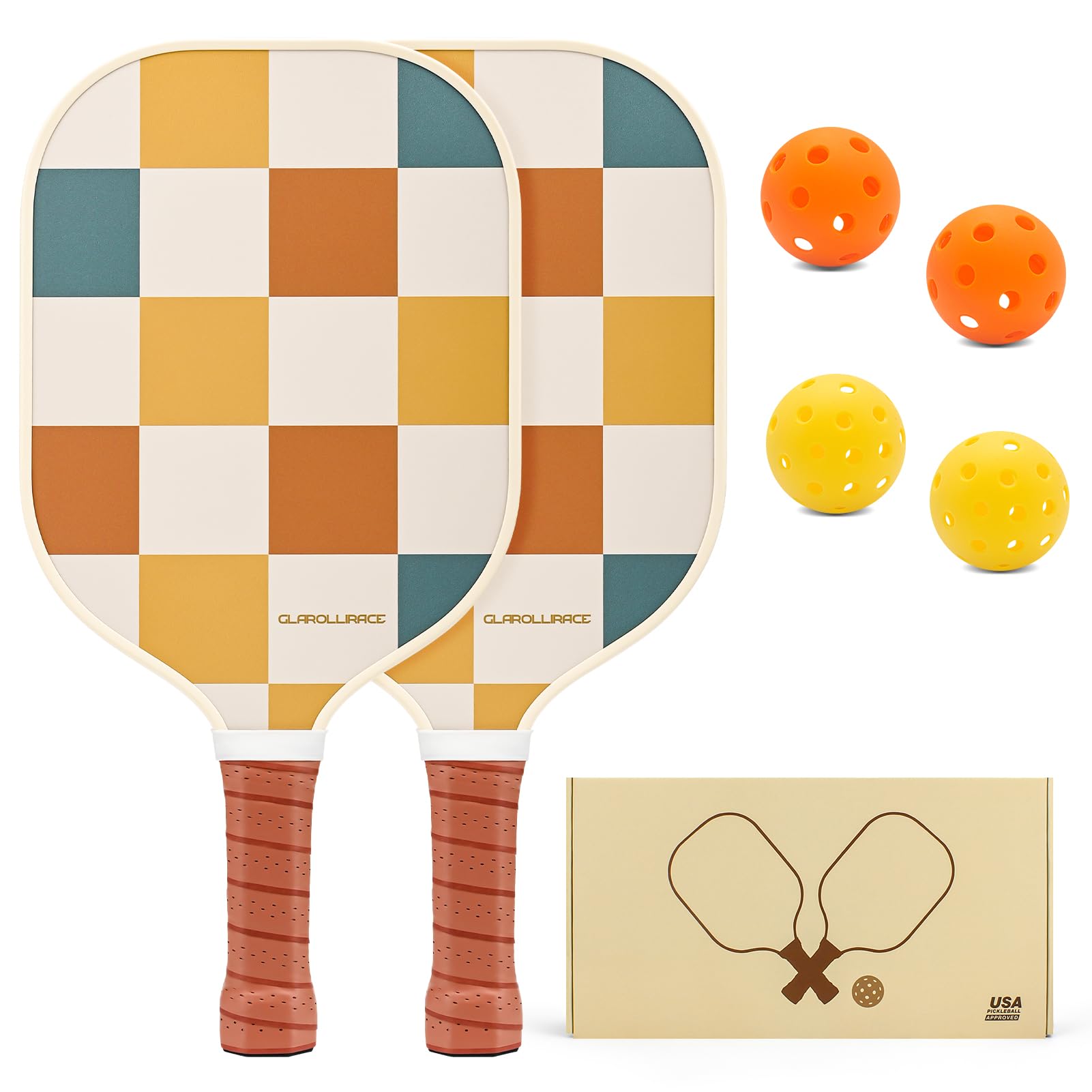 Glarollirace Pickleball Paddles Set of 2 | 4 Pickleball Rackets, USAPA Approved Pickleball Set, Fiberglass | Carbon Fiber Surface & 13 mm PP Honeycomb