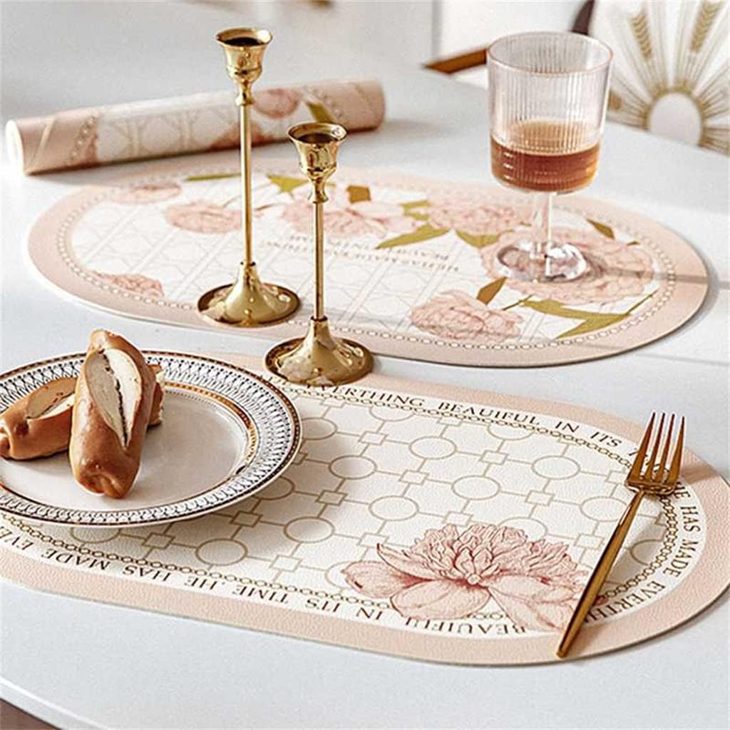 HBJWOV Oval Leather Floral Pattern Table Mat Anti-Slip Table Mat Insulated Coffee Coaster(E,45 * 28cm)