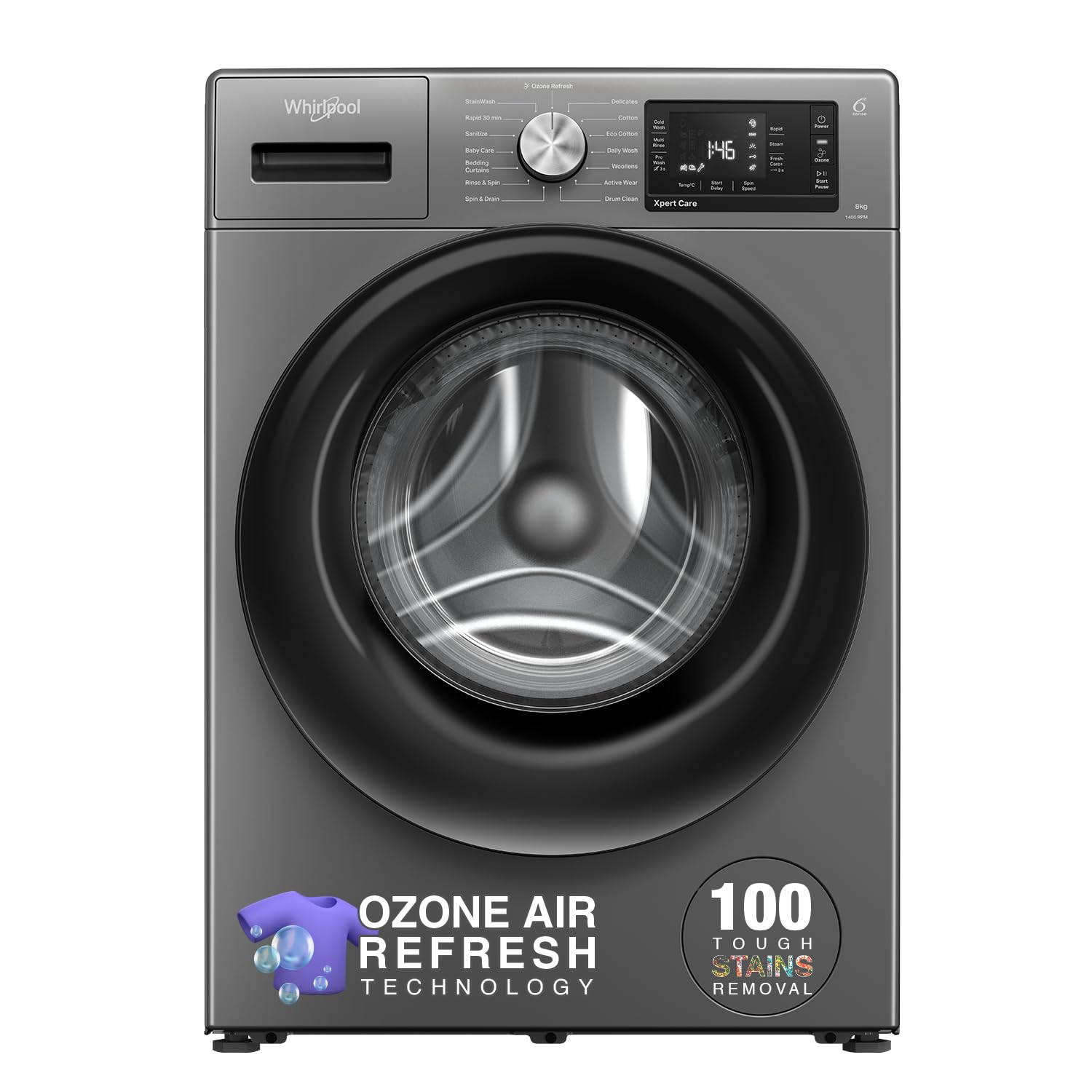 Whirlpool 8 Kg Ozone Technology Inverter Front Load Washing Machine with In-Built Heater (XO8014BYM52E, Midnight Grey, 100+ Tough Stains, 1400 RPM, 2024 Model)