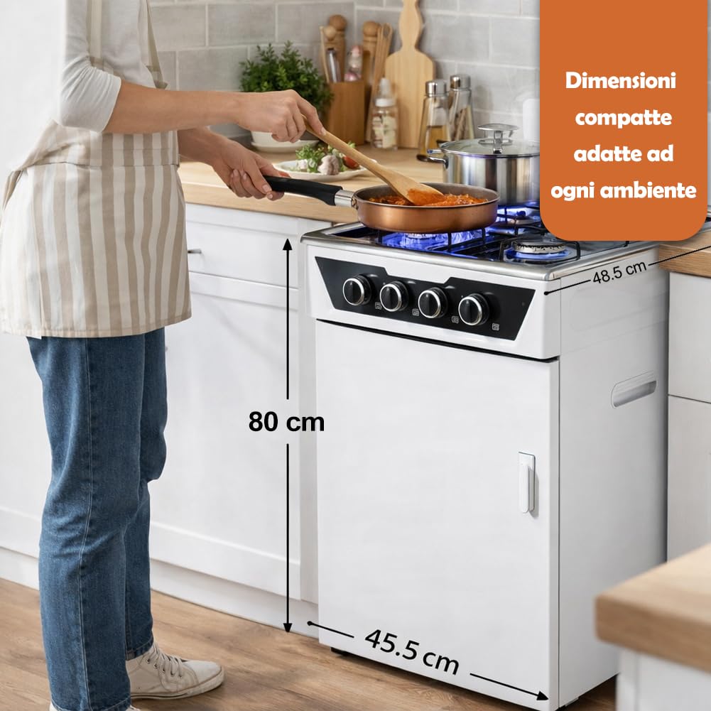 BAKAJI Cucina da Esterno con Piano Cottura 4 Fuochi a Gas, Mobile con Vano Portabombola Integrato Ideale per Esterni e Interni, Struttura Salvaspazio Robusta e Compatta con Paravento (Bianco)